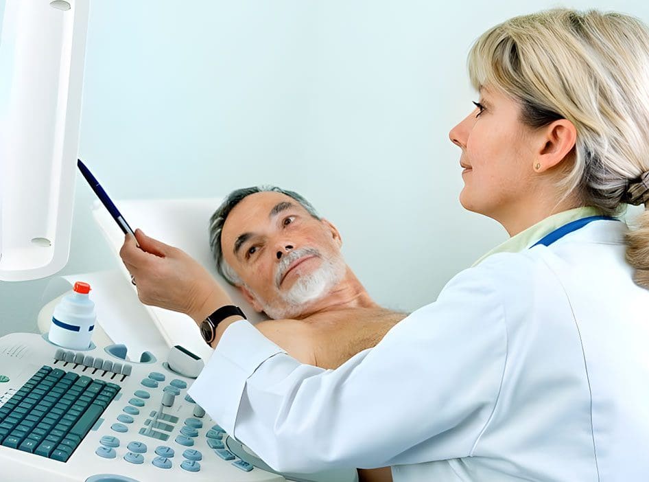A doctor is examining the patient 's face.
